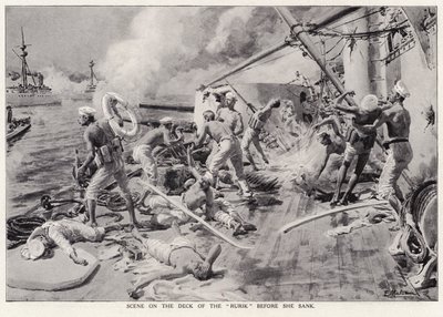 Scene on the deck of The Rurik before she sank by Edouardo Matania